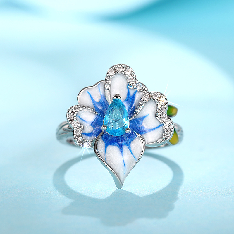 Women's Elegant Sea Blue Zirconia Flower Ring, Casual Gift